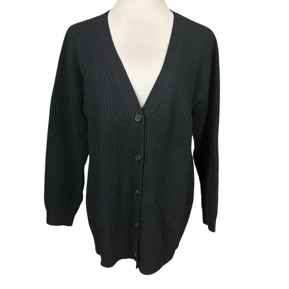 Garnet Hill Women's Cashmere Ribbed Cardigan Sweater Black Size S V-Neck Button